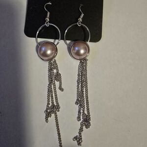 Pink Pearl Drop Chain Earrings - Women Jewelry